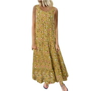 Babysbule Womens Summer Dresses, Women Plus Size Casual Loose Sleeveless Floral Daily Linen Print Long Maxi Dress